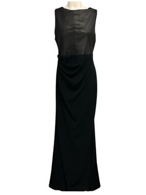 TALBOT RUNHOF BLACK SLEEVELESS LEATHER AND CREPE GOWN / MAXI DRESS
